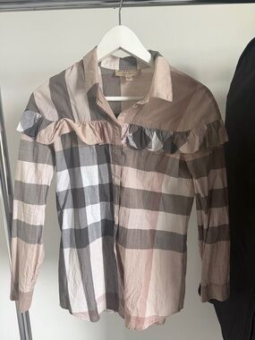Burberry Plaid Ruffle Yoke Long-Sleeve Blouse - Blush, Taupe, Gray